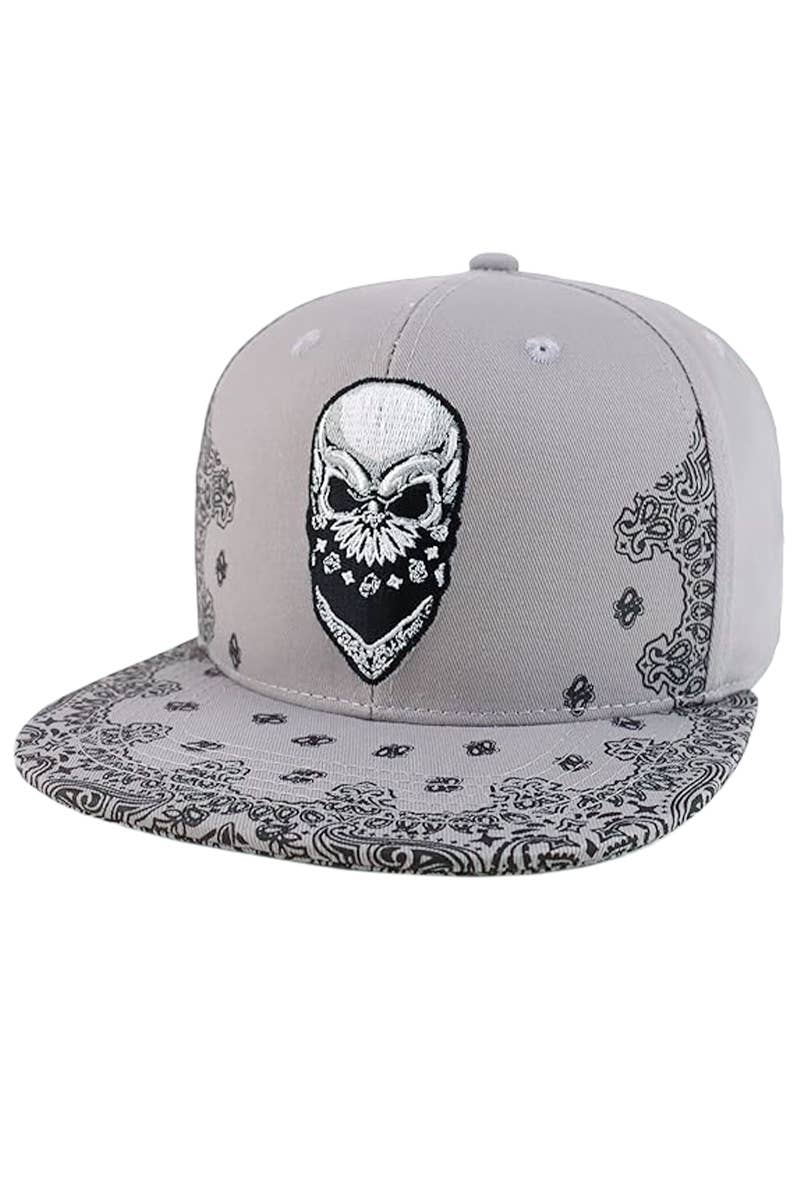 Cap Zone - Wholesale Flat Brim Cap - Men's - Rebel Biker Skull Paisley Bandana Print Snapback10