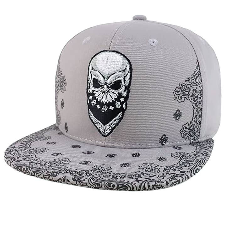 Cap Zone - Wholesale Flat Brim Cap - Men's - Rebel Biker Skull Paisley Bandana Print Snapback10