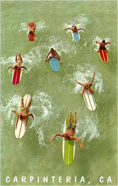 Found Image Press - Wholesale Postcard - Postcard CA-918 Colorful Surfers and Surf Boards in Green Wa0
