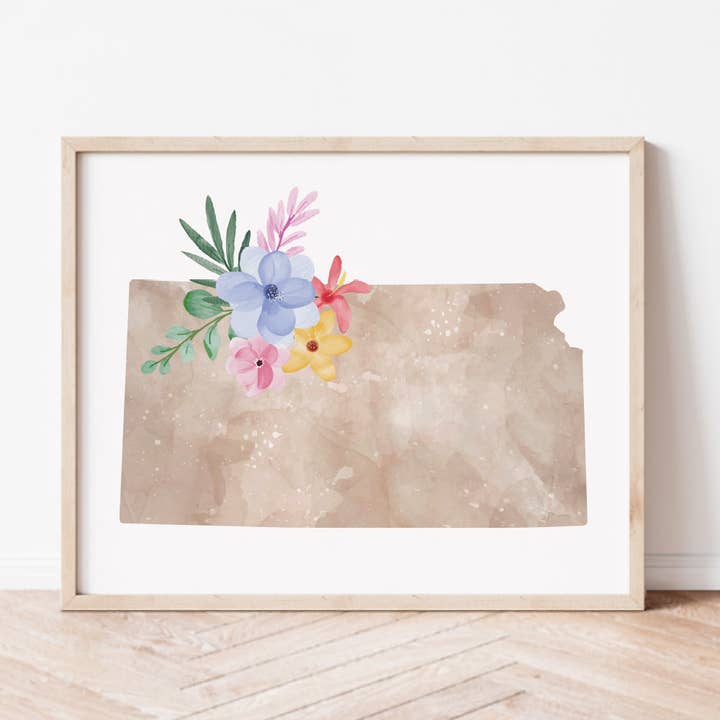 Konsttryck med Kansas blommiga silhuett för wholesale av Backstory Map Co.