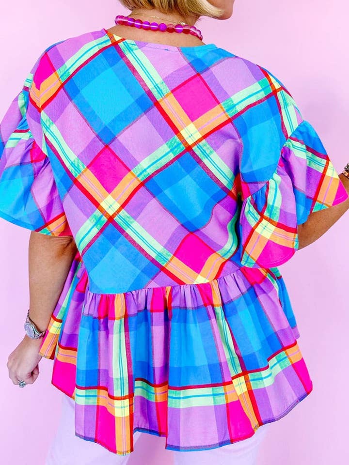 Sky Blue Plaid V-Neck Babydoll Top for wholesale on Faire