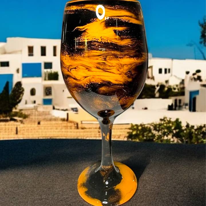 Whimsy and Willow - Wholesale Wine Glass - Orange and Black Swirl Wine Glasses and Drinkware-Handmade