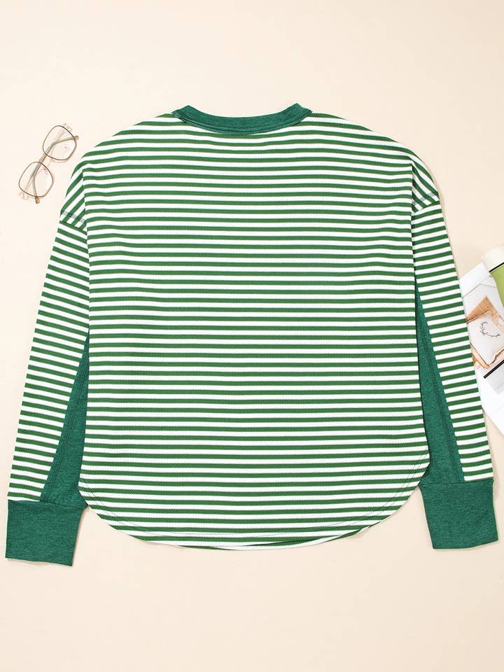Green Stripe Exposed Seam Patchwork Plus Size Thermal Top for wholesale on Faire4