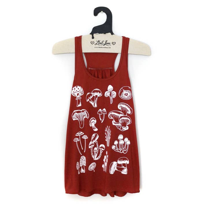 Mad Love Shop - Wholesale Tank Top - Women's - Rust Flowy Racerback Tank with Mushrooms Hand Screen Print0