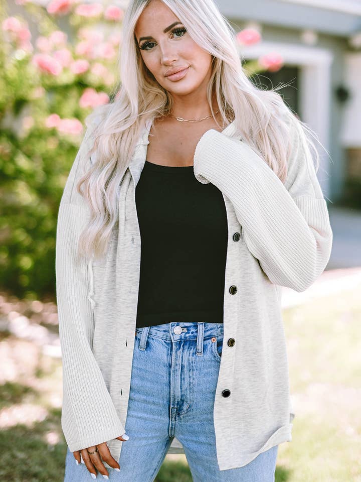 Gray Berkley Button Up Knitted Sleeves Hooded Jacket for wholesale on Faire