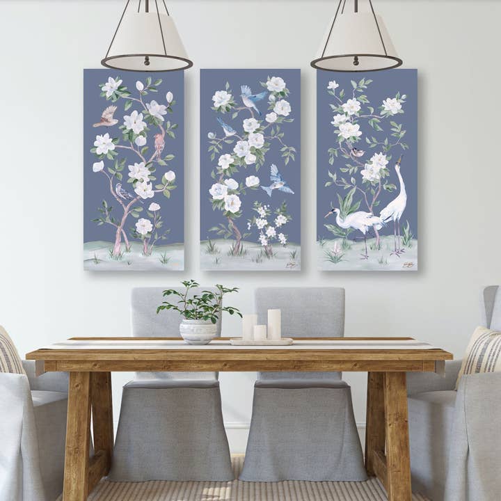 Elizabeth Alice Studio - Vendita all'ingrosso Stampa artistica - Cranes and Gardenias, un involucro in tela cineseria blu scuro1