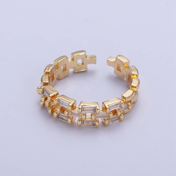 Simple Gold Bold Cuban Chain Ring Cubic Zirconia Stone Adjustable Promise Ring U-221 for wholesale by Aim Eternal