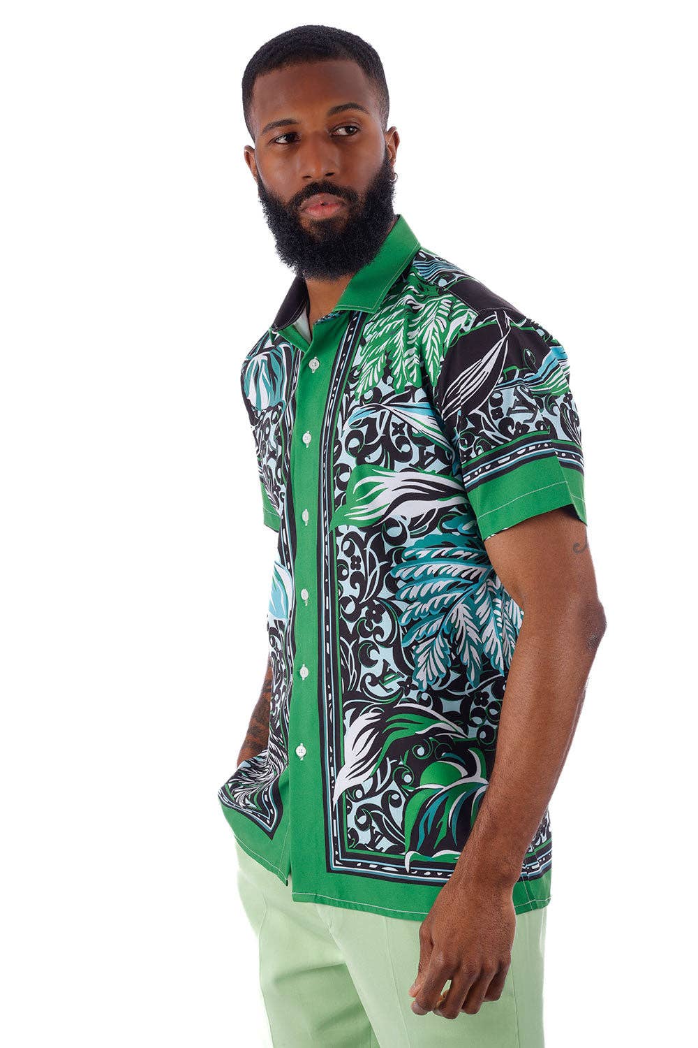 Green Men's Floral Geometric Short Sleeve Shirts 4SST34 for wholesale on Faire0