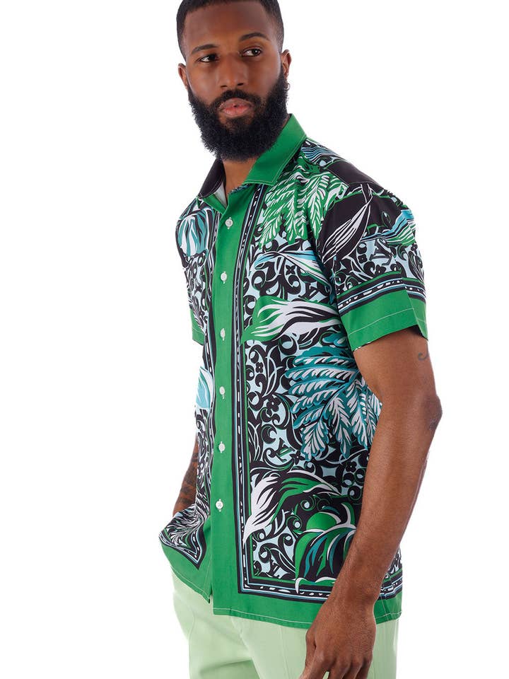 Green Men's Floral Geometric Short Sleeve Shirts 4SST34 for wholesale on Faire