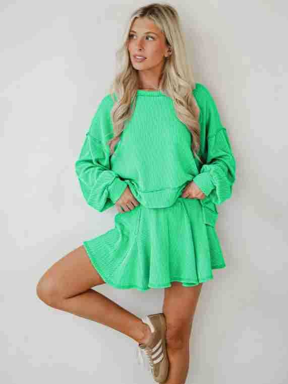 Marayn - Wholesale Top & Skirt Set - Women's - Autumn Ribbed Set Lantern Sleeve Top  Pleated Skirt21