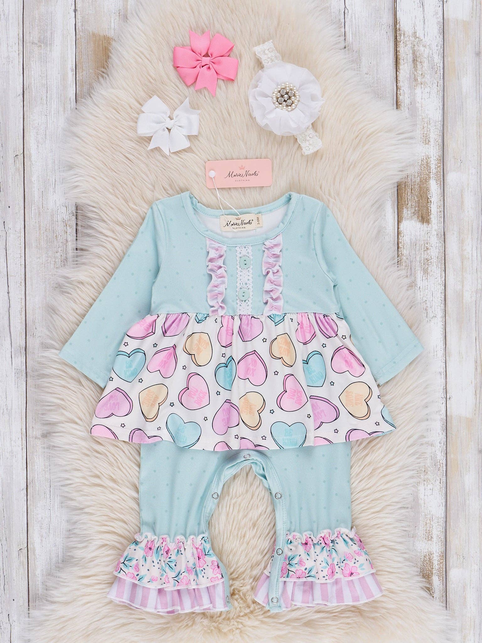Marie Nicole Clothing - Wholesale Jumpsuit - Baby - Lilac & Teal Candy Hearts Ruffle Romper0