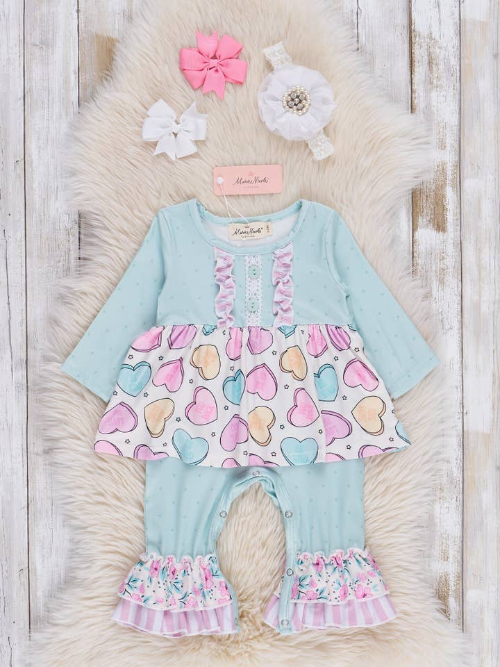 Marie Nicole Clothing - Wholesale Jumpsuit - Baby - Lilac & Teal Candy Hearts Ruffle Romper