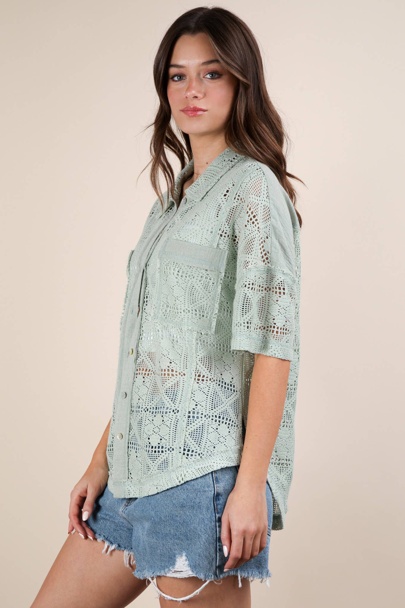 VERY J - Wholesale Jacket - Women's - NT12083-Oversized Crochet Button Down Shirt Top5