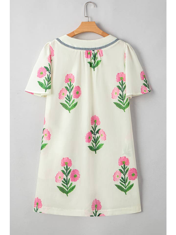 Aapparella - Wholesale Dress - Women's - Floral Print Short Sleeve Split Neck Mini Dress | S-XL