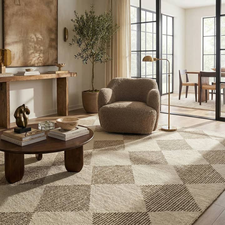 Tapis d'intérieur moderne à motif abstrait sépia, beige pour la vente par Koshani