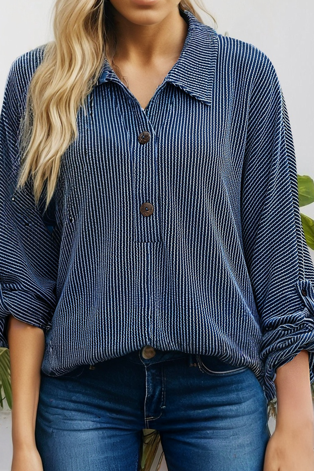 66DISCO - Wholesale Knit Top - Women's - Oversized Ribbed Henley Top with Roll up Sleeve (S-2XL)0