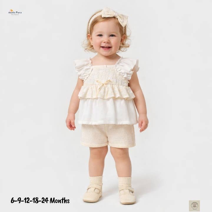 Embroidered Baby Girl 3-Piece Set |Blouse & Textured Shorts for wholesale by Omnis Pura