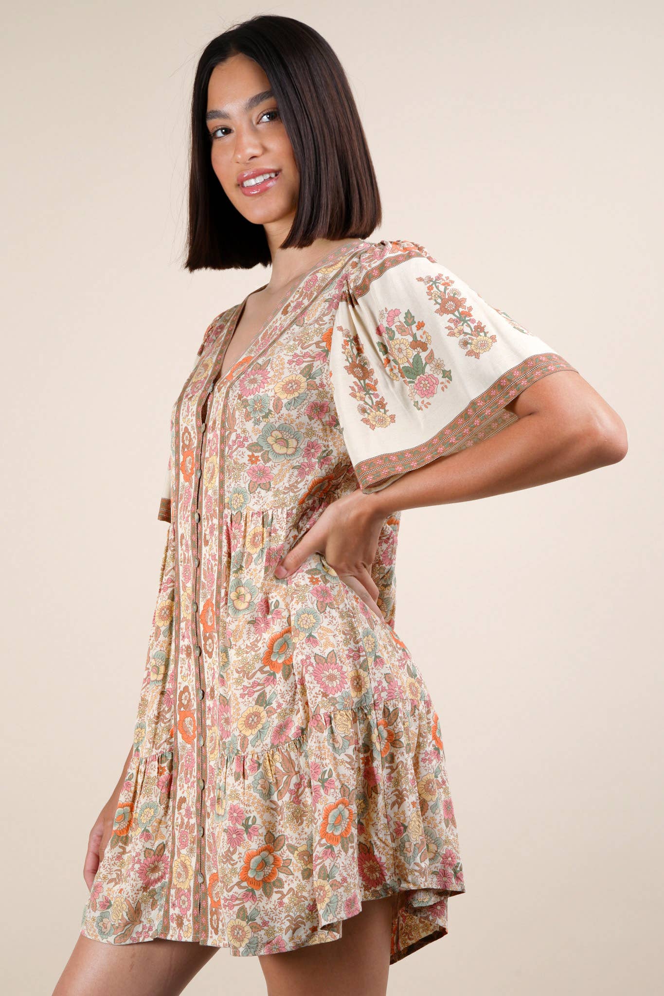 VERY J - Wholesale Dress - Women's - ND31637-Shirring Detail Printed Woven Mini Dress15