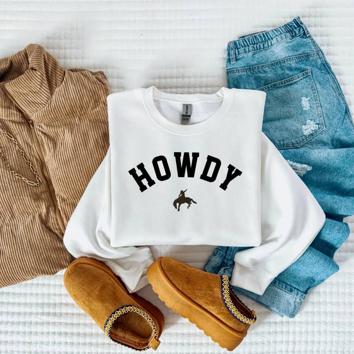 Howdy, Western Outfit, Cowgirl Comfy Crewneck or Tee for wholesale by The Foxy Golden