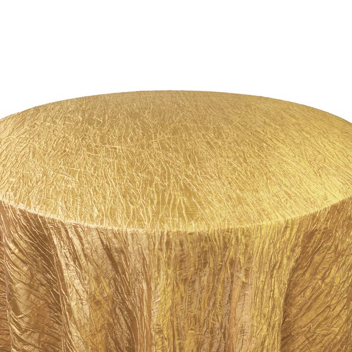 YOUR CHAIR COVERS - Wholesale Tablecloth - 132 inch Crinkle Taffeta Round Tablecloth Gold2
