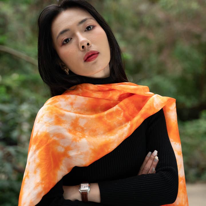 Shibori Orange Silk Scarf – Hand-Dyed 100% Mulberry Silk Wrap - Bright Wedding Shawl & Luxury Gift for Women for wholesale by Silk and Bears