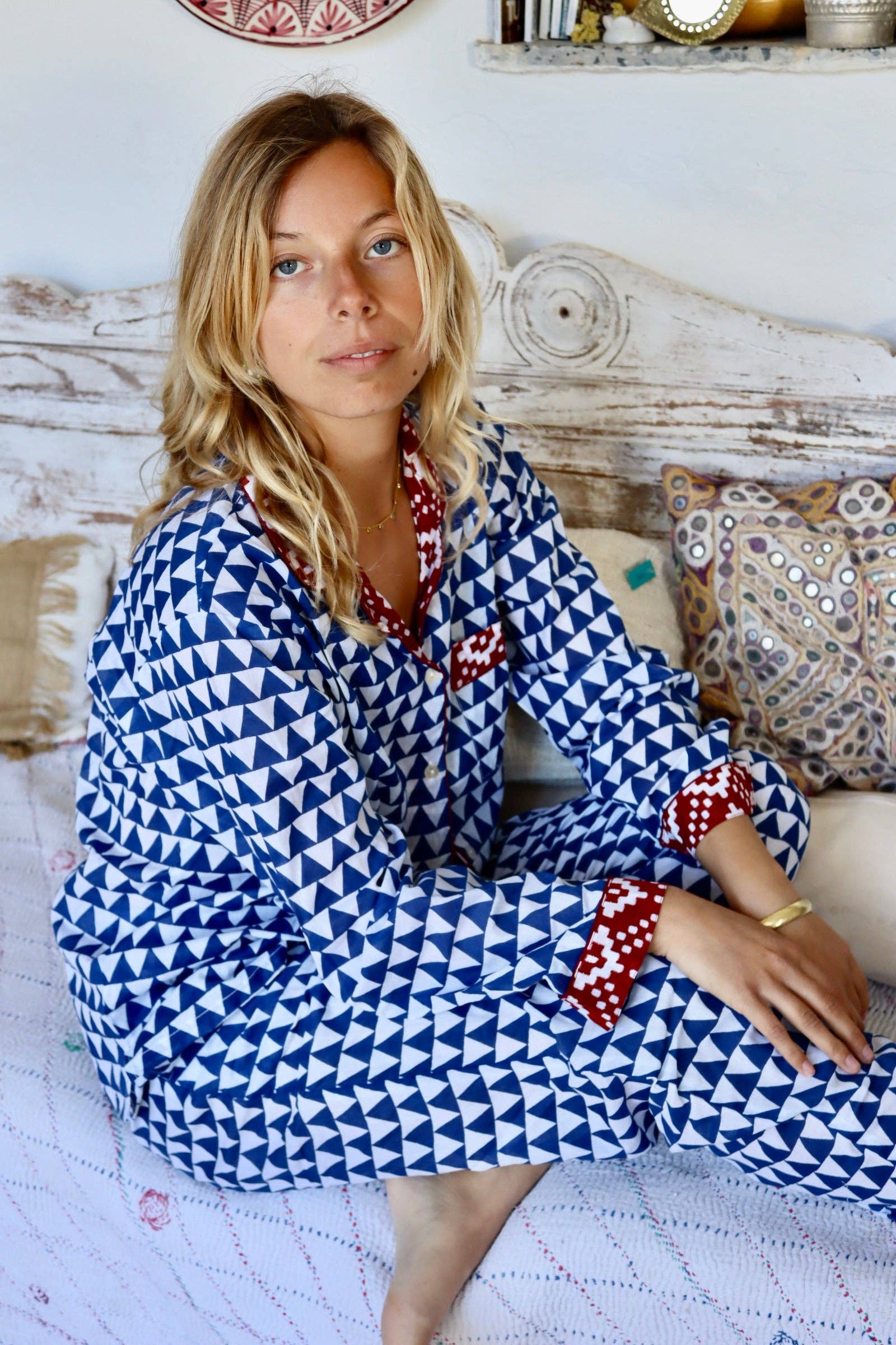 Aurobelle Ibiza - Vendita all'ingrosso Completo pigiama - Donna - Pigiama comodo in cotone con stampa a blocchi fatta a mano1