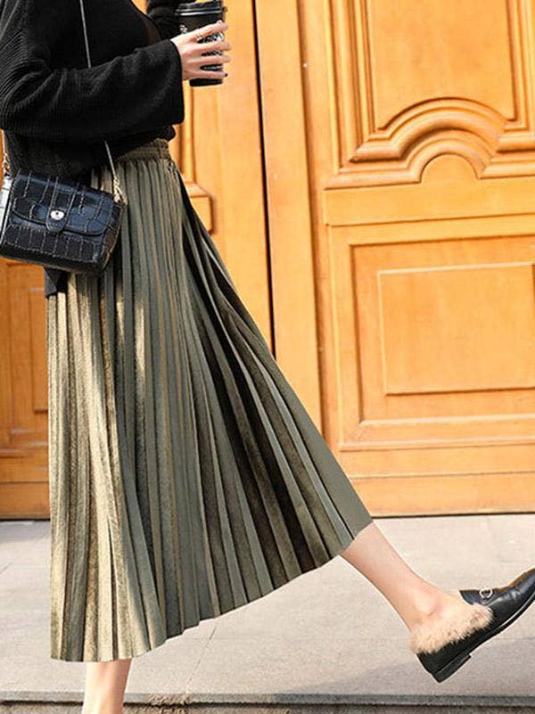 StyleGalX - Vente Jupe – femme - Jupe trapèze plissée taille haute couleur unie3