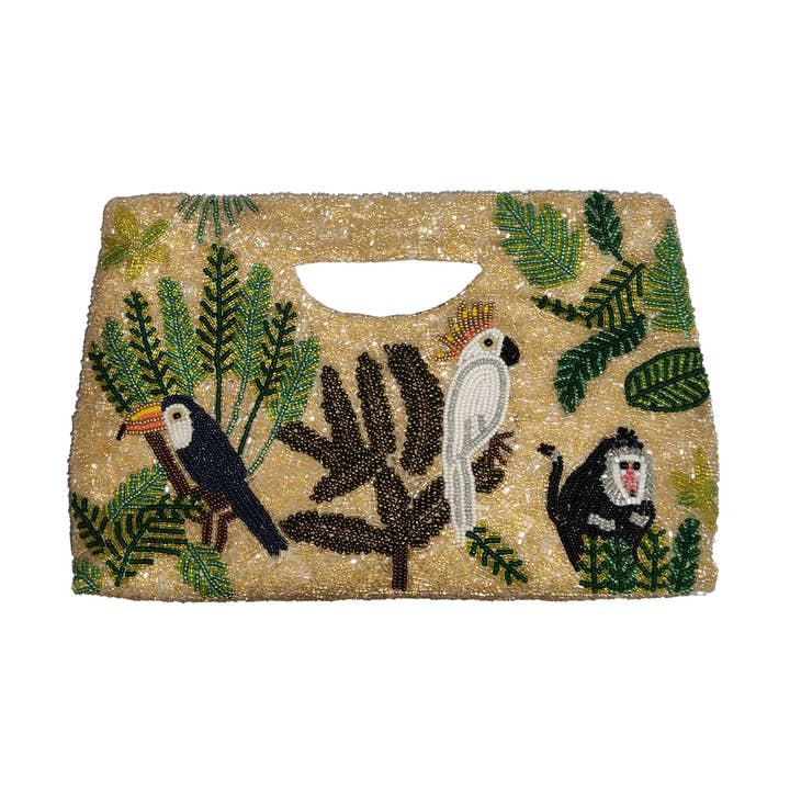 Bird and Monkey coffee cut out clutch for wholesale by Tiana Designs