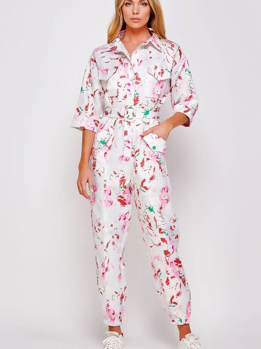 Pink Irene Wholesale – wholesale Jumpsuit - Dam – BLOMMIG TRYCKKNAPP NER BESKURNA TRÖJA JUMPSUIT