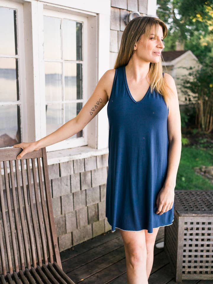 Mimi Island Loungewear - Wholesale Nightgown - Women's - The Island Nightdress - Bay Blue (Dark Blue)/White Trim0