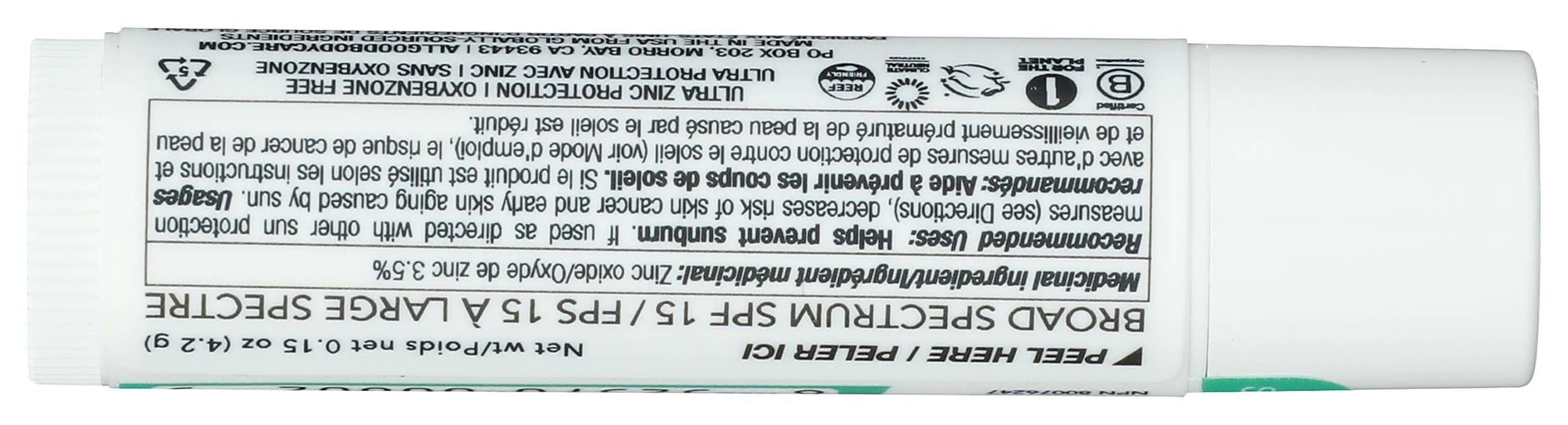 All Good Body Care - Vente Baumes à lèvres - Baume à lèvres à la menthe verte SPF15 - Présentoir de comptoir de 18 unités3