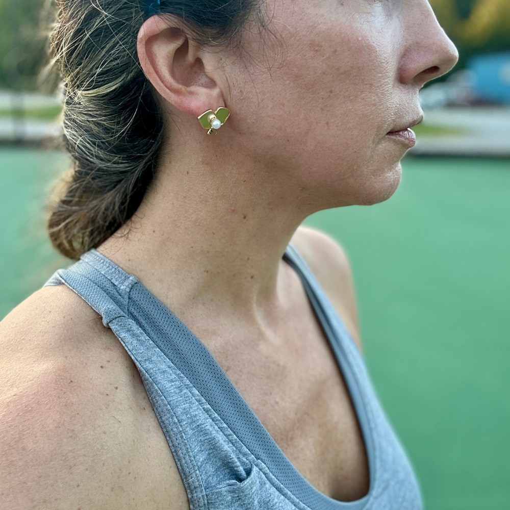 Born to Rally - Wholesale Stud/Post Earrings - Gold Pickleball Pearl Paddle Stud Earrings1