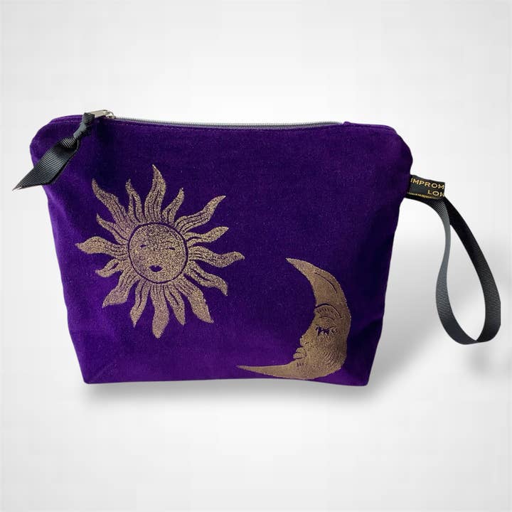 Purple velvet large Sun and Moon makeup bag for wholesale by Raina Atelier