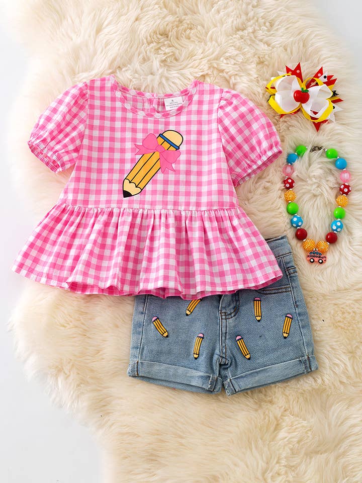 PINK CHECKERED TOP W/ PENCIL APPLICANT AND MATCHING DENIM SHORTS. OFG50735 for wholesale by Kids Charm Online