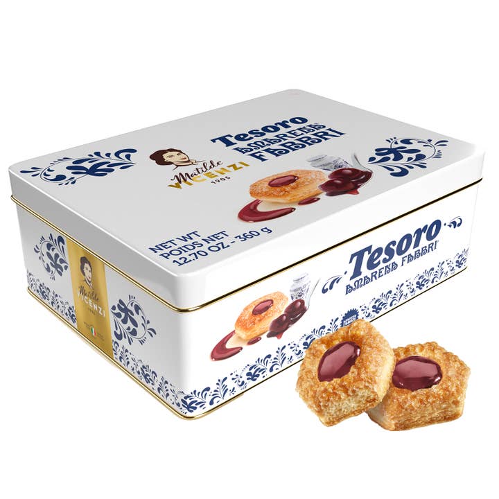 Vicenzi USA Inc. - Wholesale Cookie - Tesoro Fabbri Tin, Puff Pastry Filled With Cherry Jam, 360g0