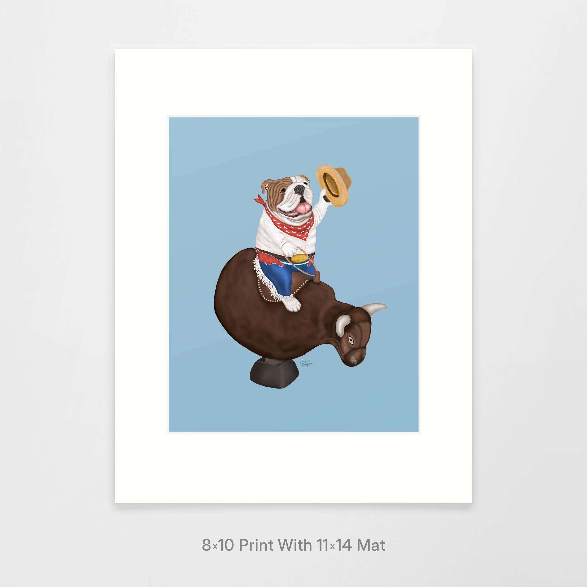 Laura Bergsma Studio - Venta al por mayor Ilustración - Impresión artística de perro bulldog inglés, edición de fondo azul1