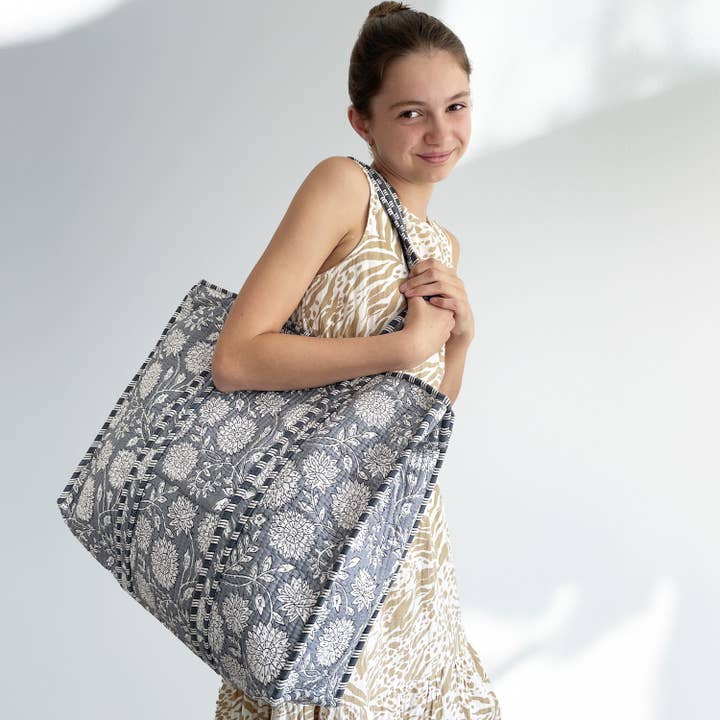 Grey Flower Quilted Cotton Shoulder Bag for wholesale by Hayley & Co