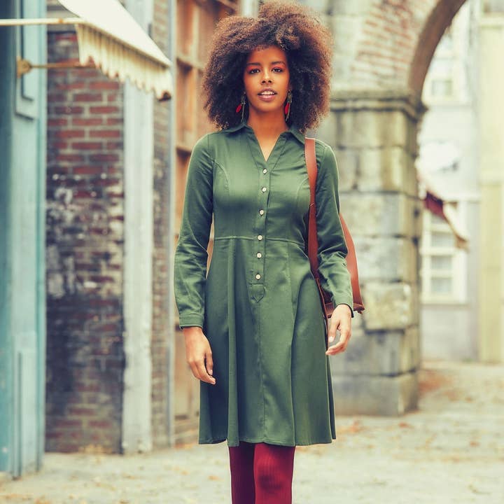 Shirt Krave Knælængde Langærmet Bomuld Fit Flare Kjole for engroshandel hos Los Banditos