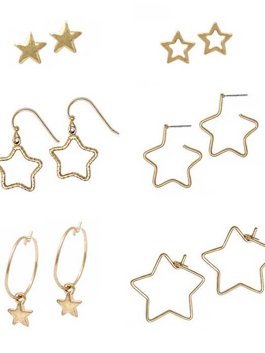 ( TX1181 ) 6 PAIRS OF METAL STAR EARRING SET for wholesale by Jewelry Max