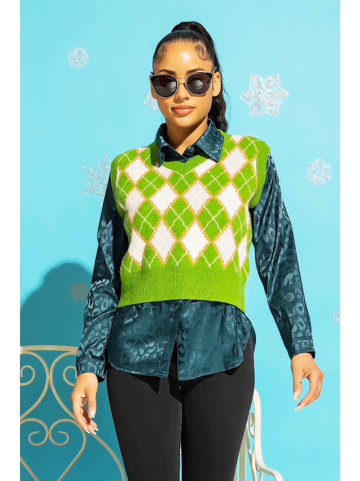 Sweet Generis - Venta al por mayor Chaleco de punto - Mujer - CHALECO CON CUELLO EN V Y PATRÓN DE ARGYLE DE PUNTO GRUESO1