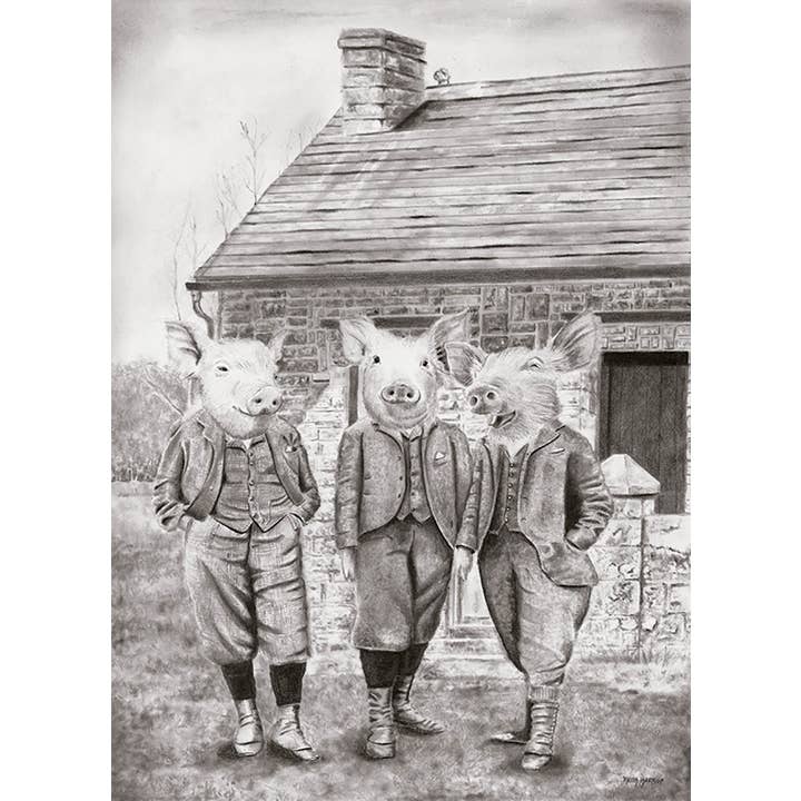 Postcard. #39 Three Little Pigs. Vintage style fairytale art for wholesale by Keith Harrop - Pencil Art