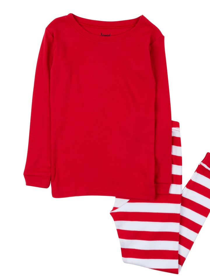 Kids Two Piece Cotton Pajamas Red Top and Stripes Christmas for wholesale by Leveret Pajamas