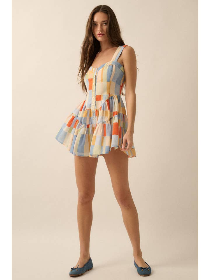 BLUE BUTTER Multicolor Check-Print Ruffled Romper Dress for wholesale on Faire