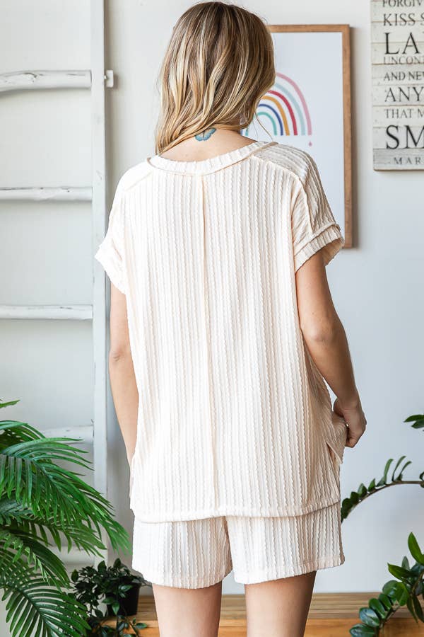 7th Ray - Wholesale Loungeset - Dames - Effen Getextureerde Korte Mouw Top en Korte Lounge Set TP549915