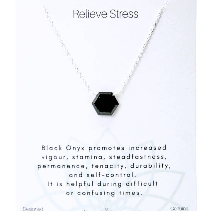 Heart and Lotus Sterling Silver Jewelry - Wholesale Pendant/Charm Necklace - Stress Relief Necklace in Small Hexagon Onyx + Sterling Silver1