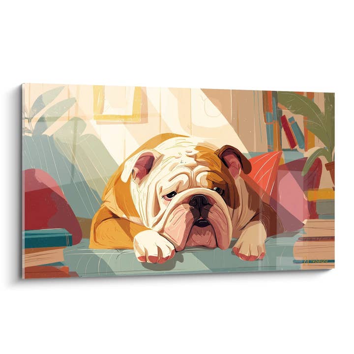 Cuadro Bulldog Tumbado en Tonos Cálidos en Salón Retro - Descanso Pacífico - Edición Bulldog Inglés para venta al por mayor de Walensky