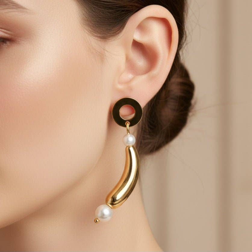 OE! – wholesale Dangle earrings – NAIADE D'ORO - Handmade Dangling Earrings Made in Italy with Natural Freshwater Pearls and 18K Gold - Stainless Steel Circle Base2