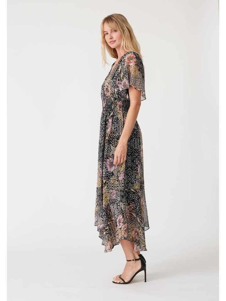 Black Dusty Peach Flowy Asymmetrical V Neck Smocked Maxi Dress for wholesale on Faire2