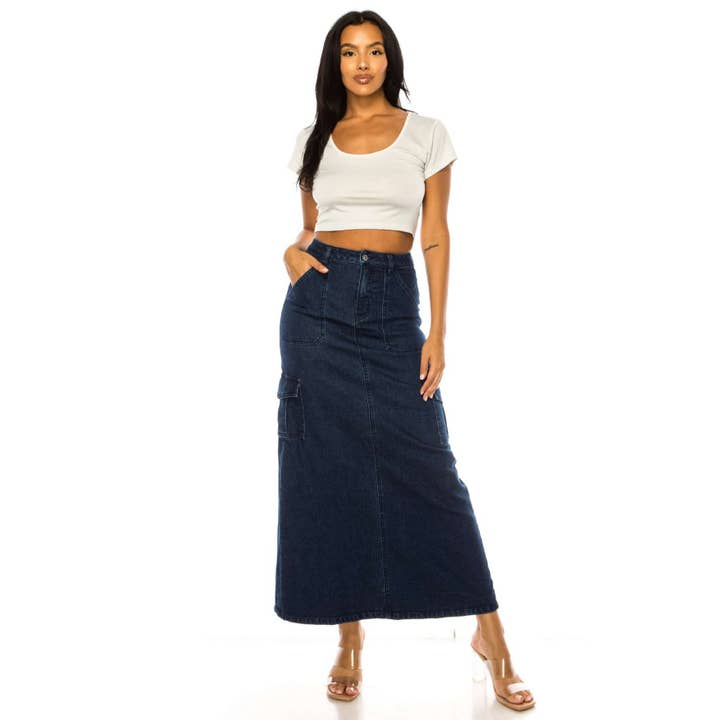JUPES LONGUES EN JEAN À POCHE CARGO DE COULEUR FONCÉE pour la vente par great smoky