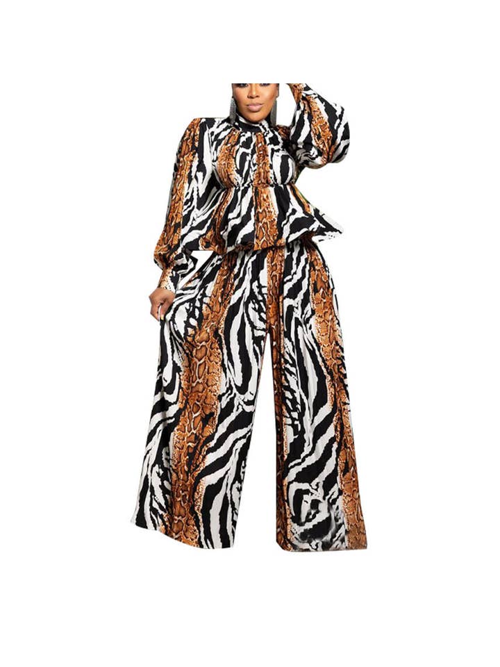 pinkblu02 - Wholesale Top & Pant Set (NOT Loungewear) - Women's - Lantern Long Sleeve Wide Leg Pants Casual Printed Two-Piece Set